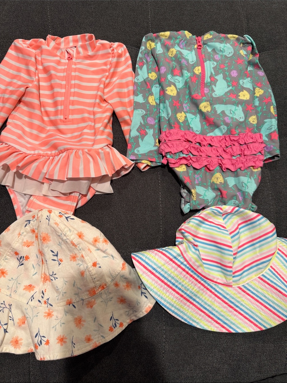 Girls Swimsuit Set with Hats - Coral Stripe & Gray Mermaid